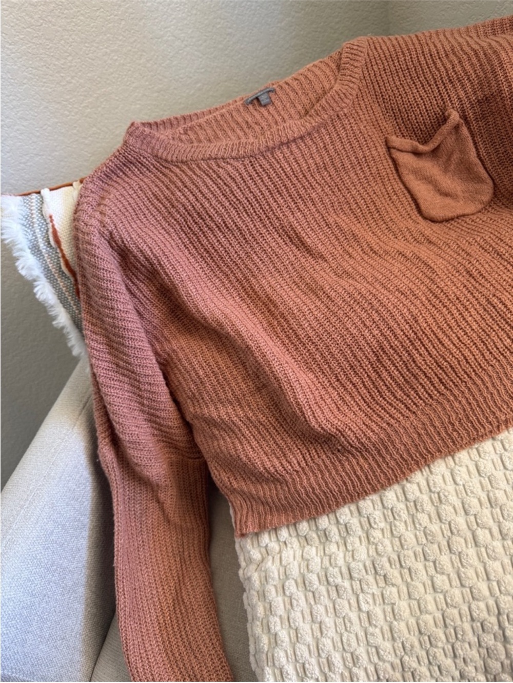 Charlotte Russe Dusty Rose Crewneck Sweater with Chest Pocket